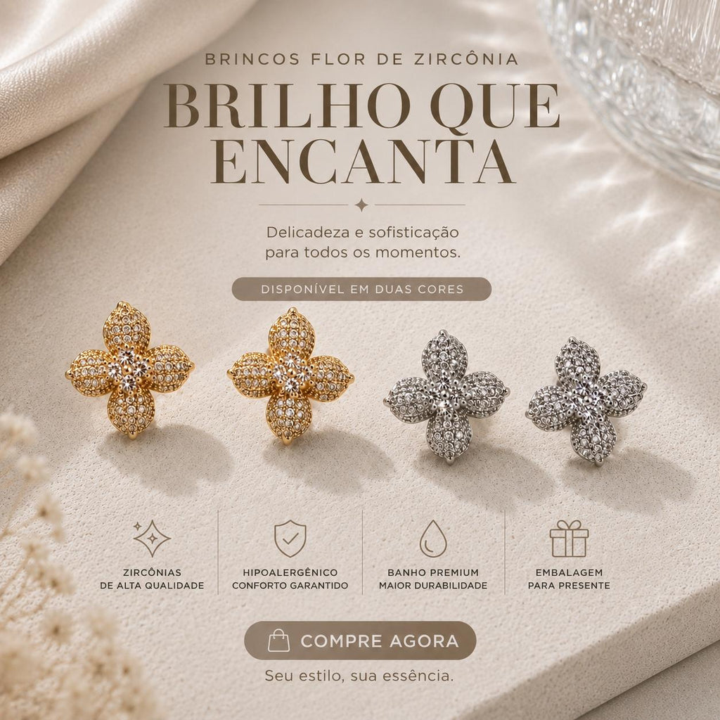 Brinco Trevo Floral Micro-Pavimentado com Zircônias para Mulheres que Amam Estilo e Luxo