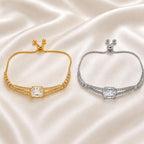 Pulseira Ajustável Dupla Corrente com Pedra Retangular Central Zircônia Brilhante | Pulseira Feminina Dourada e Prateada Acessório Luxuoso para Presente