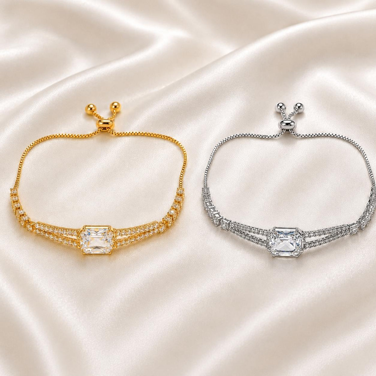 Pulseira Ajustável Dupla Corrente com Pedra Retangular Central Zircônia Brilhante | Pulseira Feminina Dourada e Prateada Acessório Luxuoso para Presente
