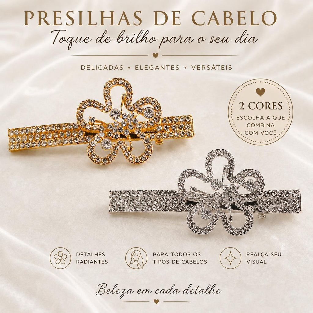 Presilha Flor Cinco Pétalas Oca Cheia de Zircônias | Grampo Elegante Dourado e Prateado para Cabelo Uso Diário e Festas