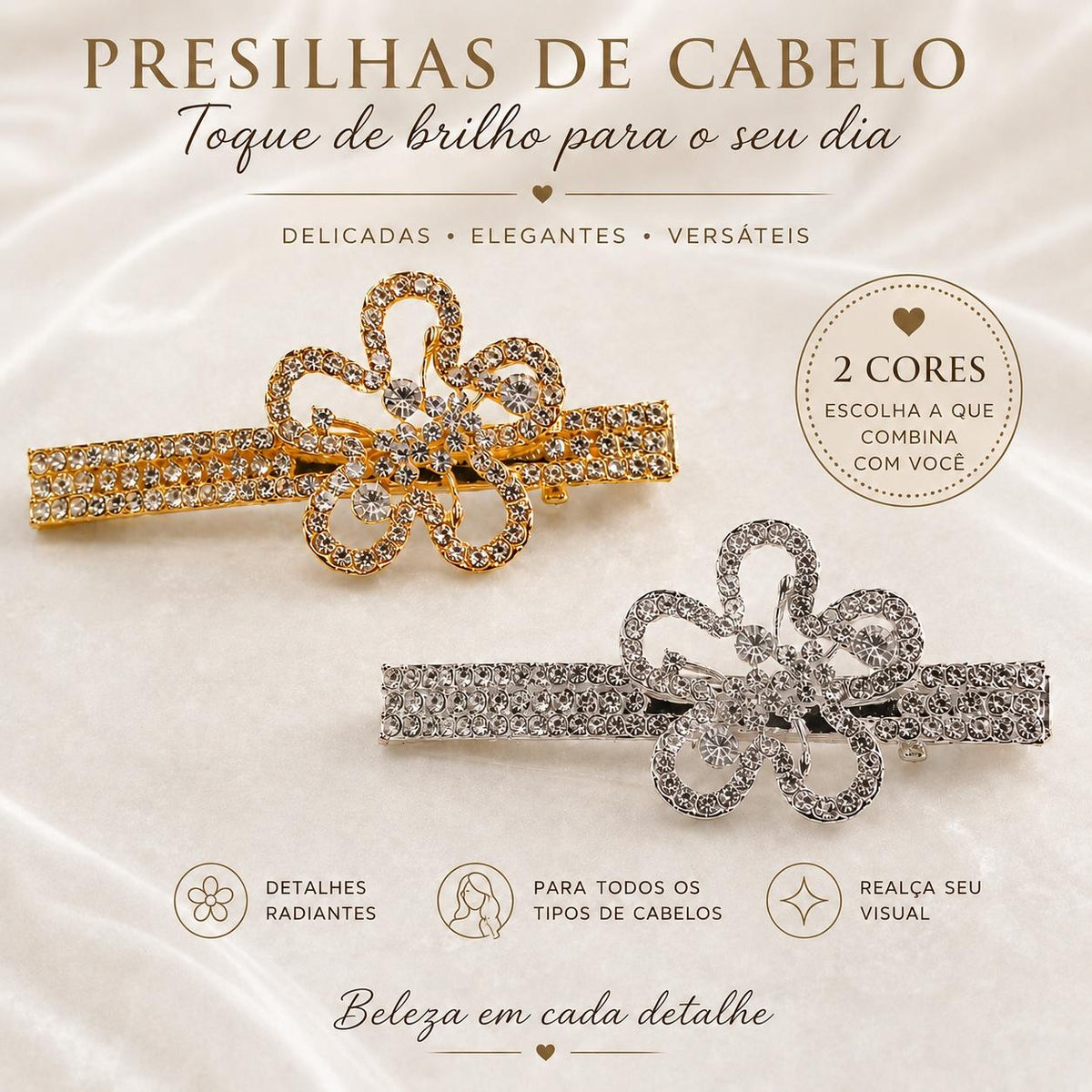 Presilha Flor Cinco Pétalas Oca Cheia de Zircônias | Grampo Elegante Dourado e Prateado para Cabelo Uso Diário e Festas
