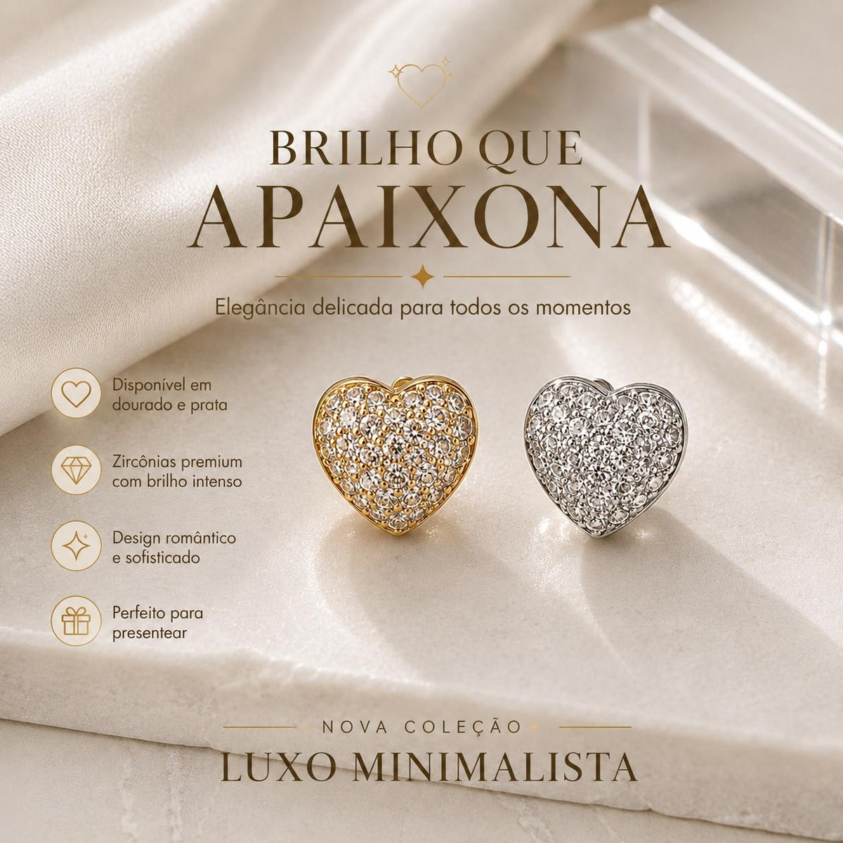 Brinco Coração 3D em Zircônia Luxo Elegância e Brilho para Mulheres que Buscam Charme e Sofisticação