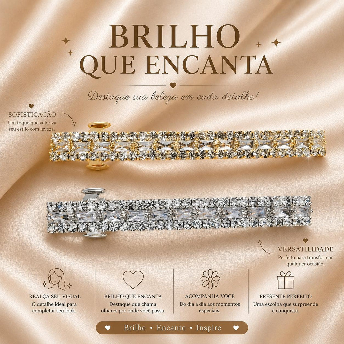 Presilha Longa Dupla Camada Zircônias Retangulares | Grampo Sofisticado Dourado e Prateado para Cabelo Uso Diário e Festas