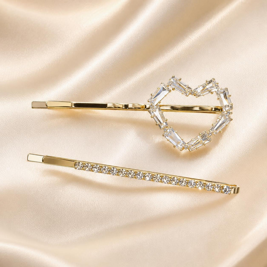 Grampo de Cabelo Coração com Zircônia Kit 2 Peças | Presilha Feminina Delicada Dourado e Prateado