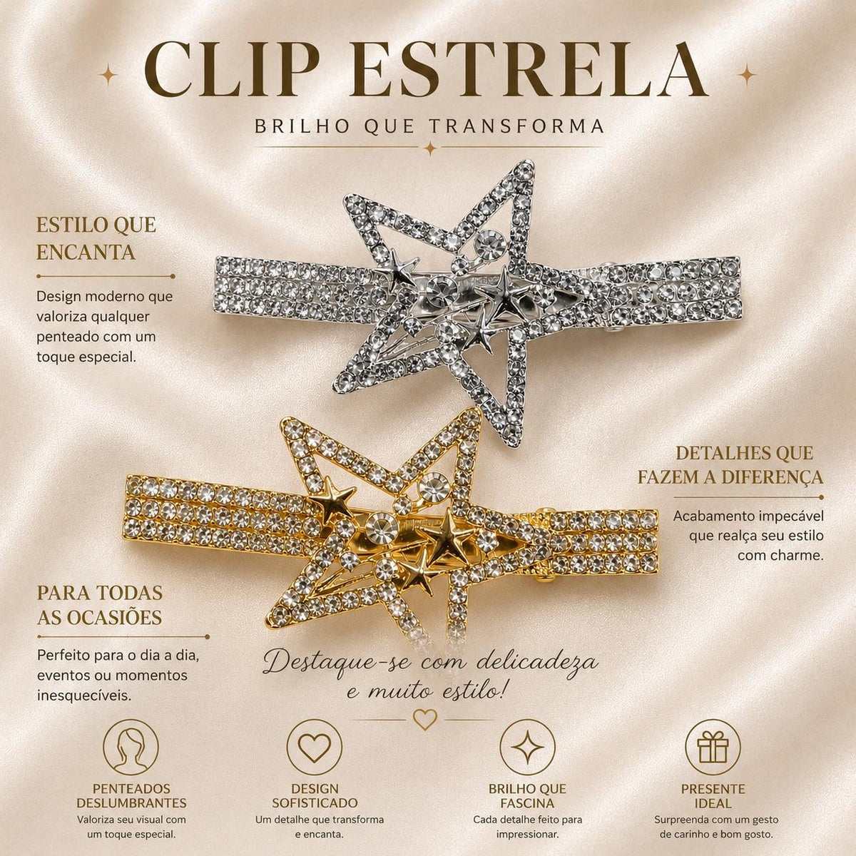 Presilha Estrela Vazada com Zircônias Brilhantes | Grampo Dourado e Prateado Acessório Moderno Feminino para Cabelo