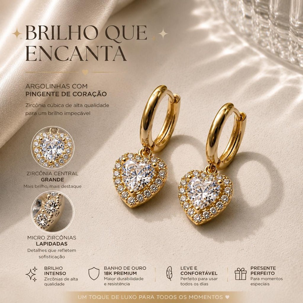 Brinco Argola com Pingente de Coração Cravejado com Zircônias