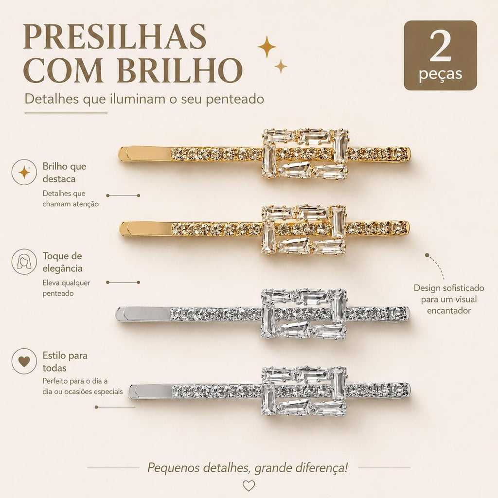 Kit 2 Presilhas de Cabelo Retângulo Duplo Zircônia | Presilha Feminina Elegante Dourado e Prateado