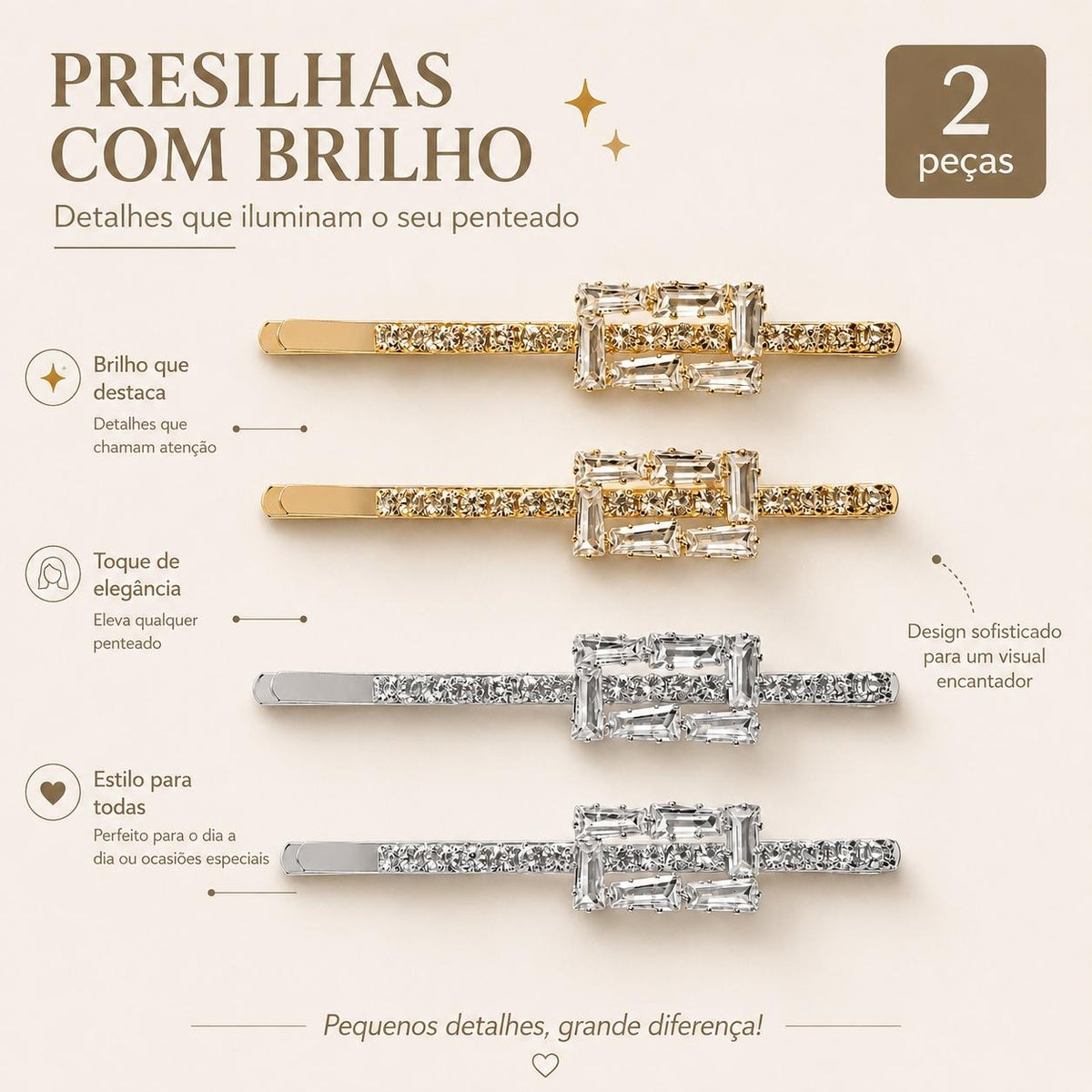 Kit 2 Presilhas de Cabelo Retângulo Duplo Zircônia | Presilha Feminina Elegante Dourado e Prateado