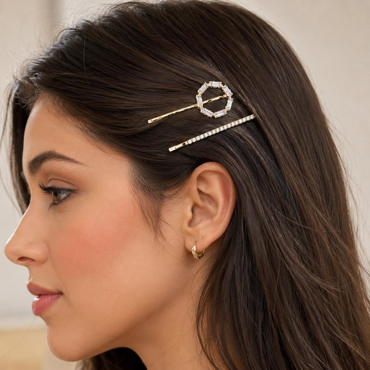 Kit Grampo de Cabelo Hexágono Zircônia 2 Peças | Presilha Feminina Delicada Dourado e Prateado
