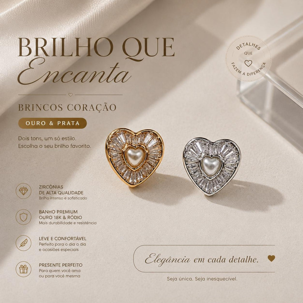 Brinco Coração com Pérola Central e Zircônias Baguete