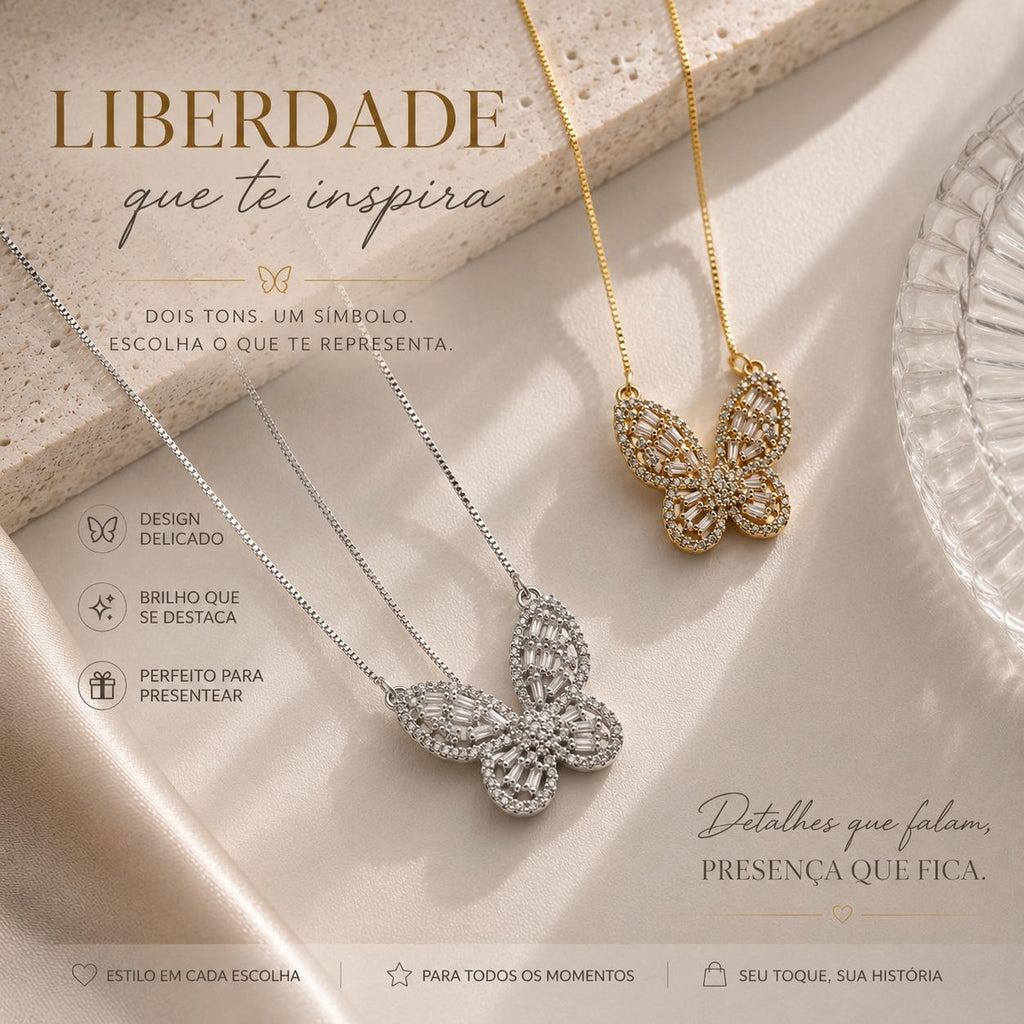 Colar Pingente Borboleta Cravejada de Zircônias Baguete
