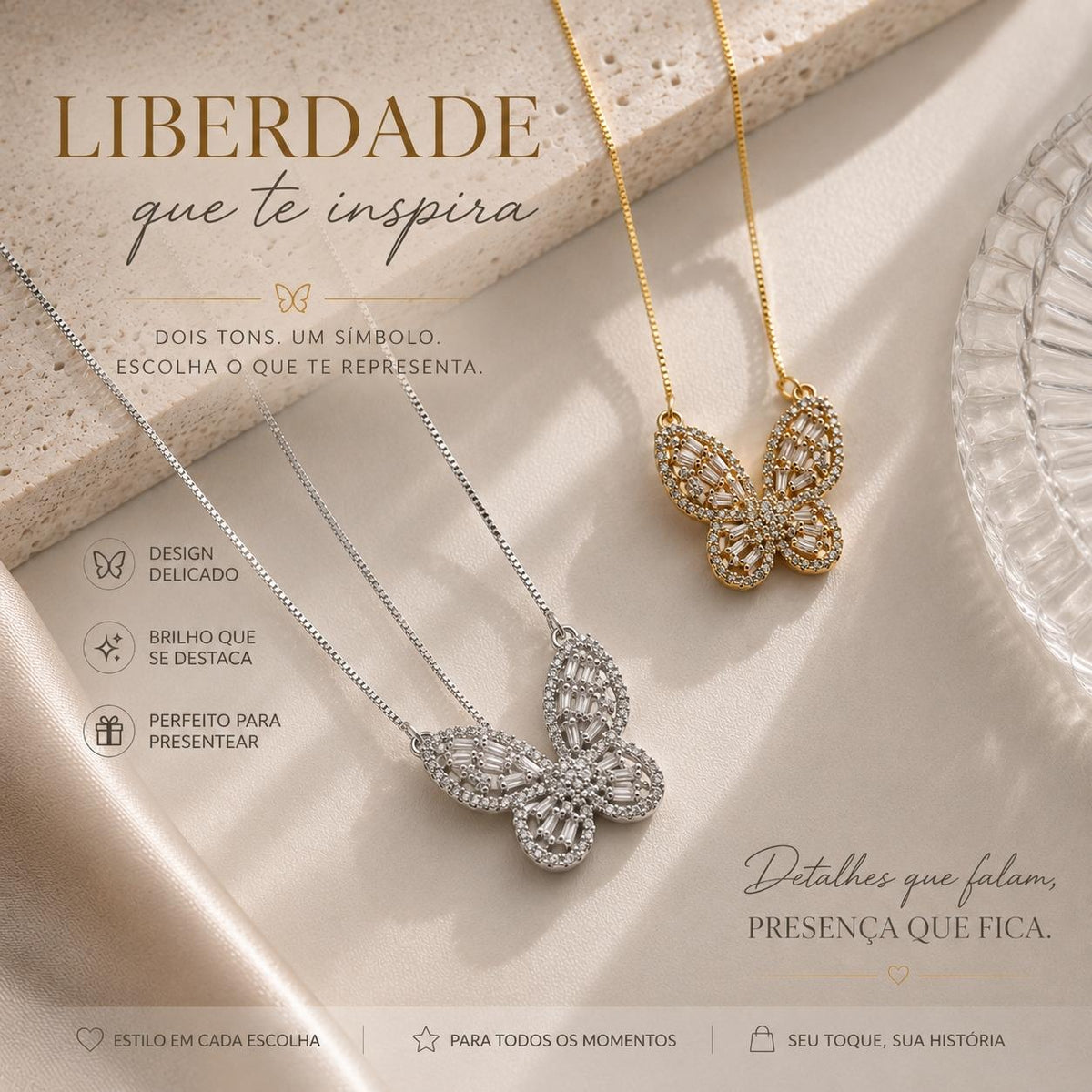 Colar Pingente Borboleta Cravejada de Zircônias Baguete