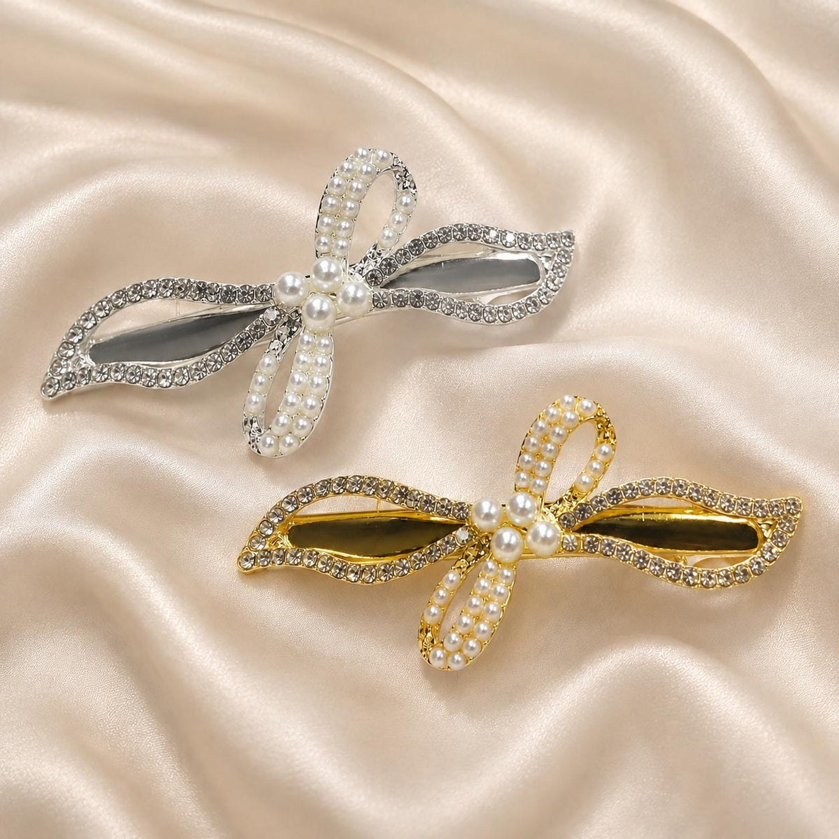 Presilha Laço com Pérolas e Zircônias Elegante | Grampo Dourado e Prateado para Cabelo Uso Diário e Festas