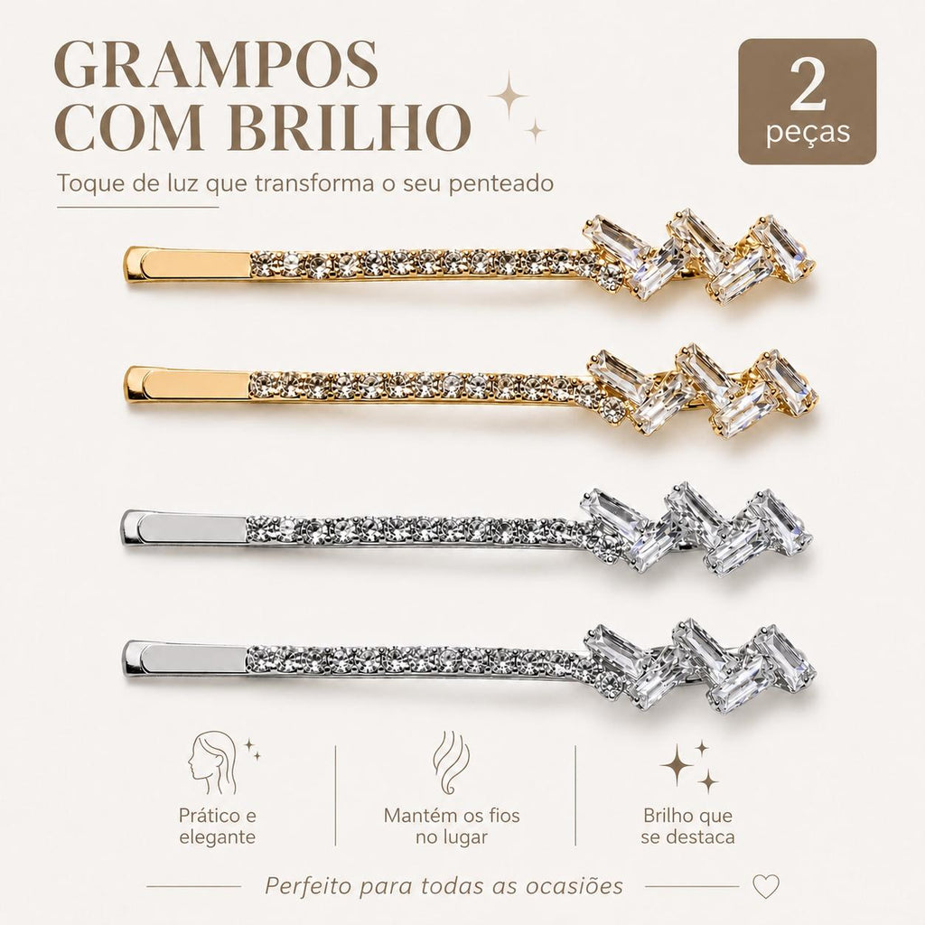 Kit 2 Grampos de Cabelo com Zircônia Brilhante | Presilha Feminina Elegante Dourado e Prateado