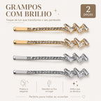 Kit 2 Grampos de Cabelo com Zircônia Brilhante | Presilha Feminina Elegante Dourado e Prateado