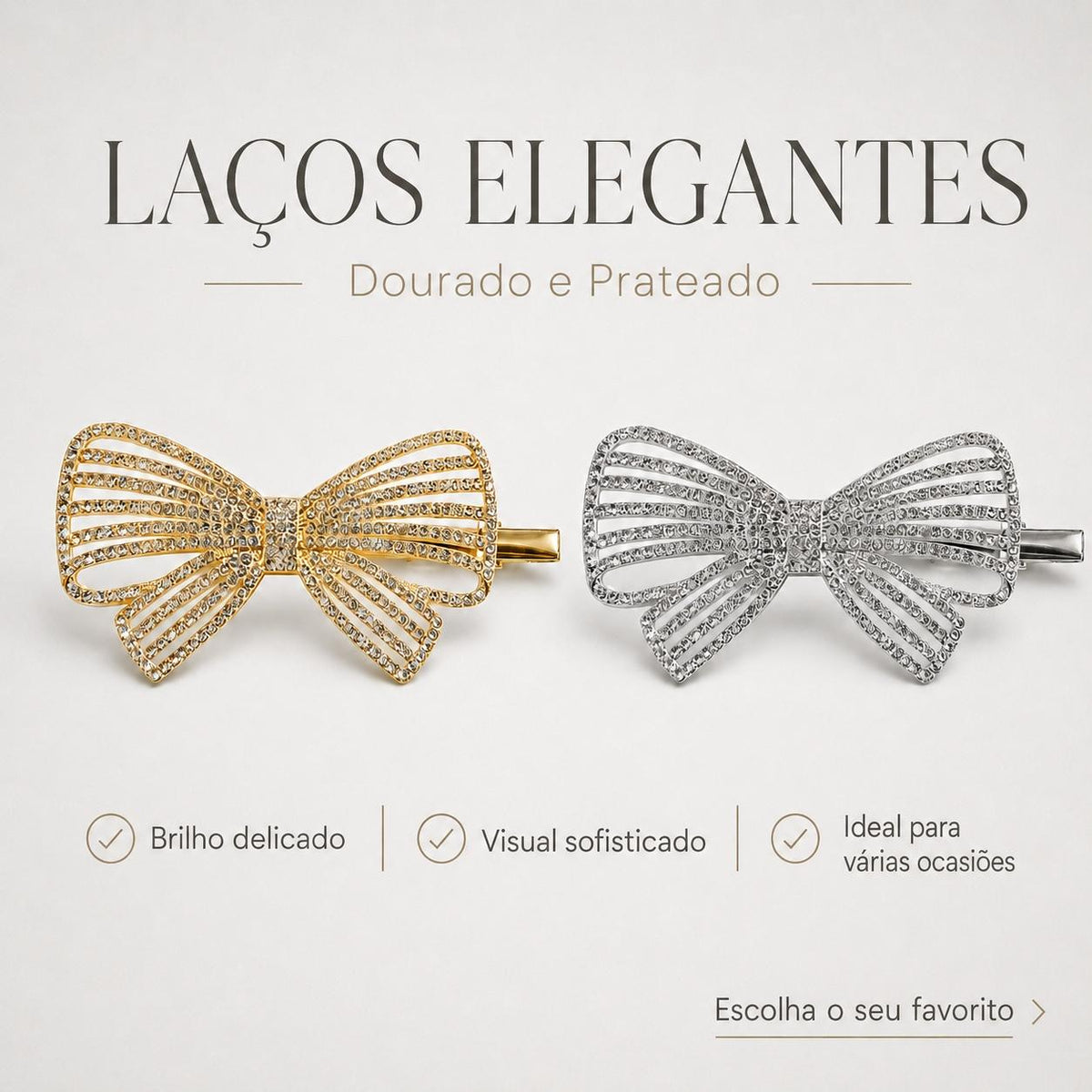Presilha Laço Vazado Listrado com Zircônias Brilhantes | Grampo Lateral Dourado e Prateado Acessório Feminino Elegante para Cabelo