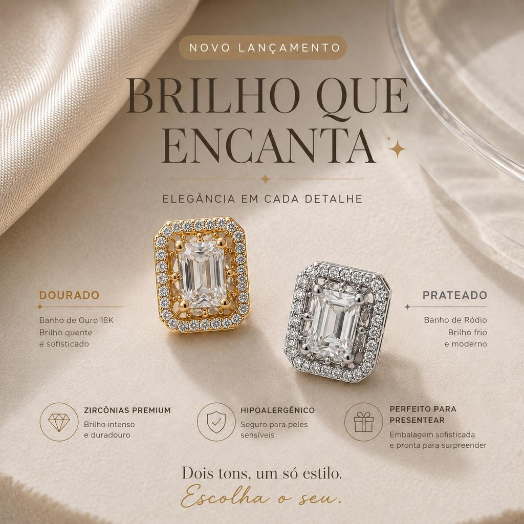 Brinco Quadrado com Zircônia Central e Duplo Halo