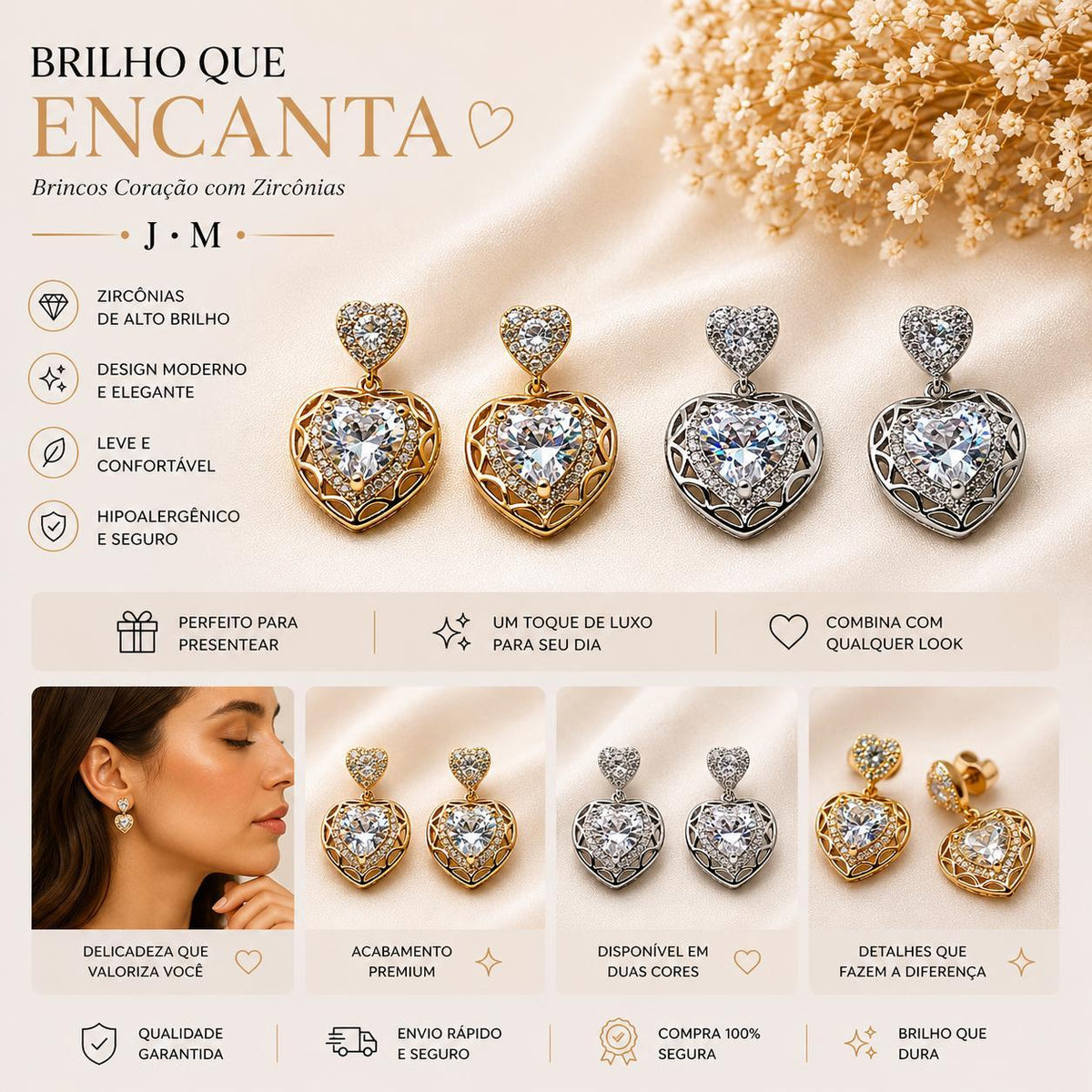 Brinco Pendente Duplo Coração com Zircônias