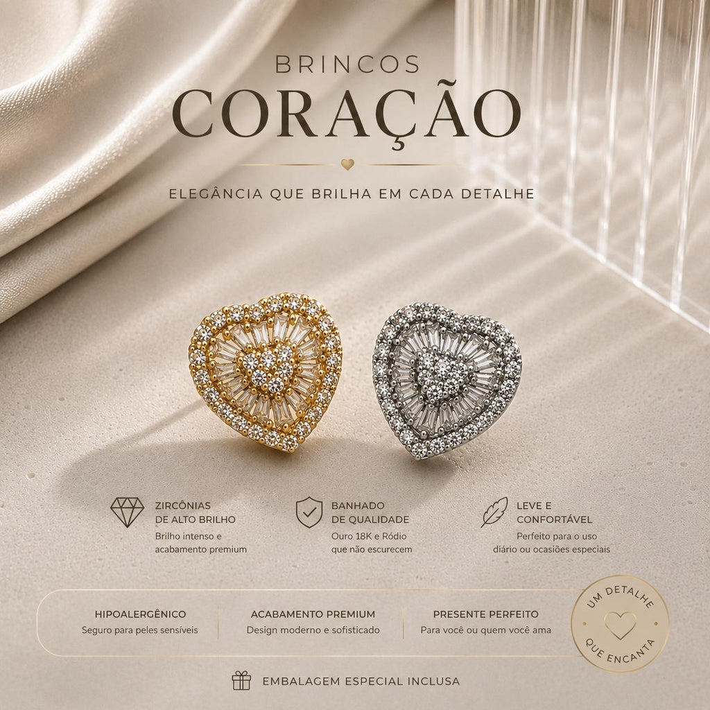Brinco Coração com Zircônias Halo e Baguete
