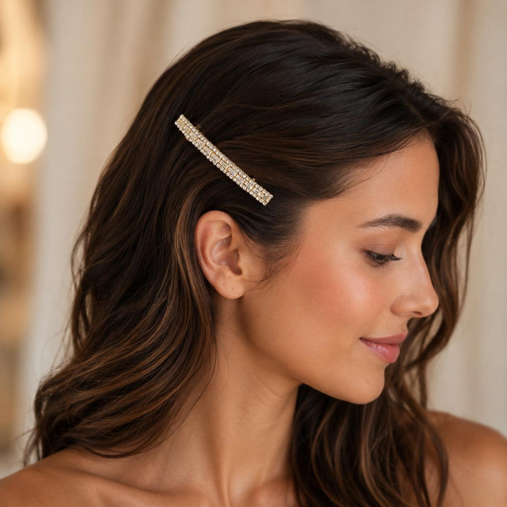 Presilha Longa Mista de Zircônias Redondas e Retangulares | Grampo Elegante Dourado e Prateado para Cabelo Dia a Dia e Festas