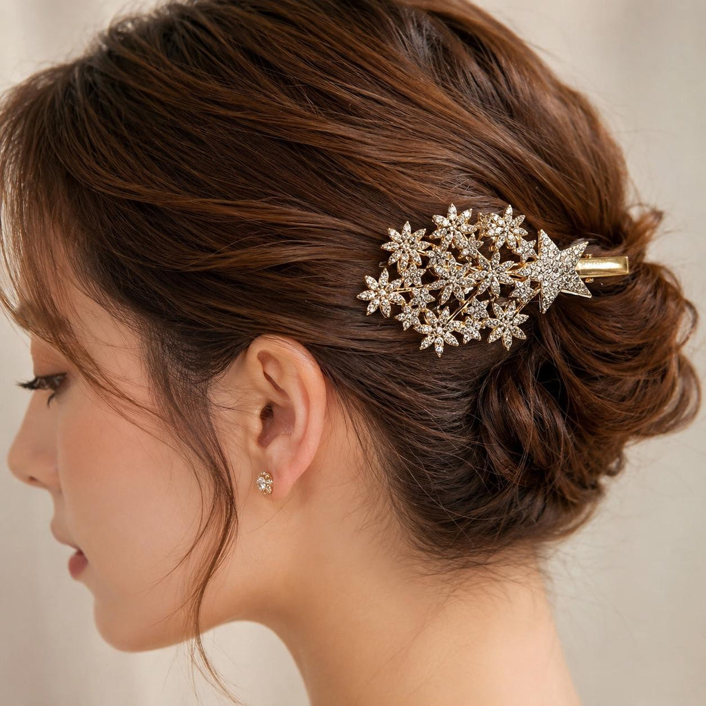 Presilha Estrelas e Flores Cheia de Zircônias Radiante | Grampo Dourado e Prateado Acessório Feminino para Dia a Dia e Festas