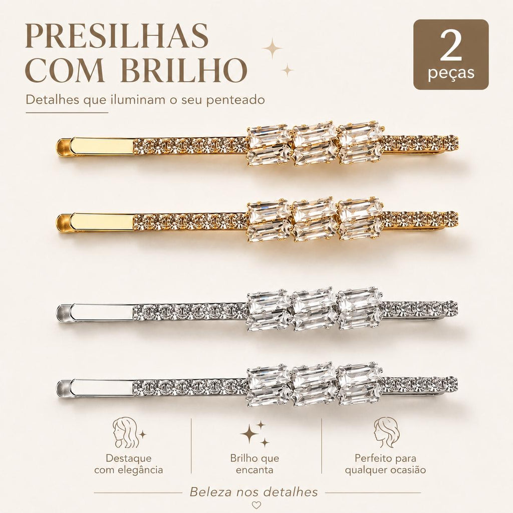 Kit 2 Presilhas de Cabelo com Zircônias Retangulares | Presilha Feminina Elegante Dourado e Prateado
