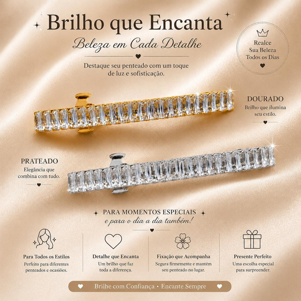 Presilha Longa com Zircônias Retangulares | Grampo Elegante Dourado e Prateado para Cabelo, Uso Diário e Festas