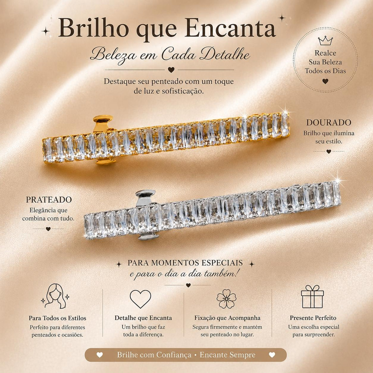 Presilha Longa com Zircônias Retangulares | Grampo Elegante Dourado e Prateado para Cabelo, Uso Diário e Festas