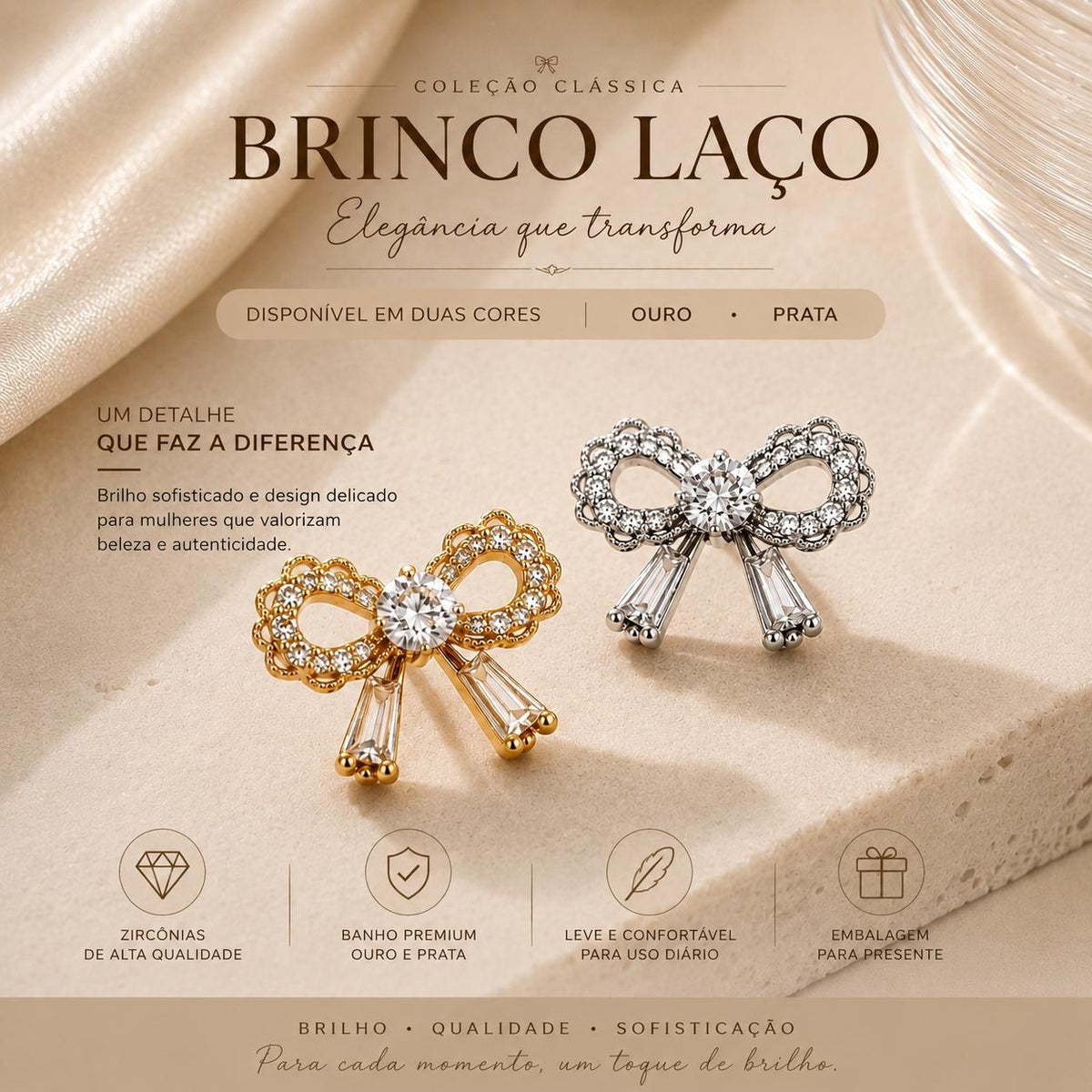 Brinco Laço com Zircônias Redondas e Baguete Design Feminino e Romântico para Mulheres