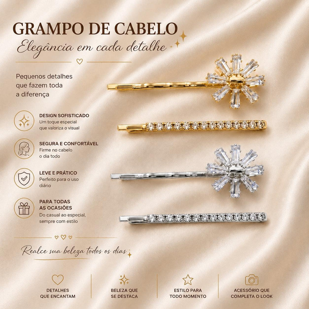 Kit Grampo de Cabelo Flor Zircônia 2 Peças | Presilha Feminina Delicada Dourado e Prateado