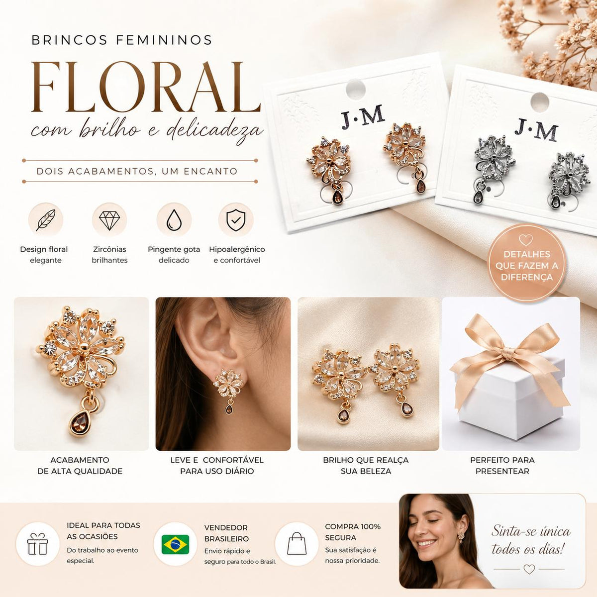 Brinco Flor de Zircônia Luxo Antialérgico
