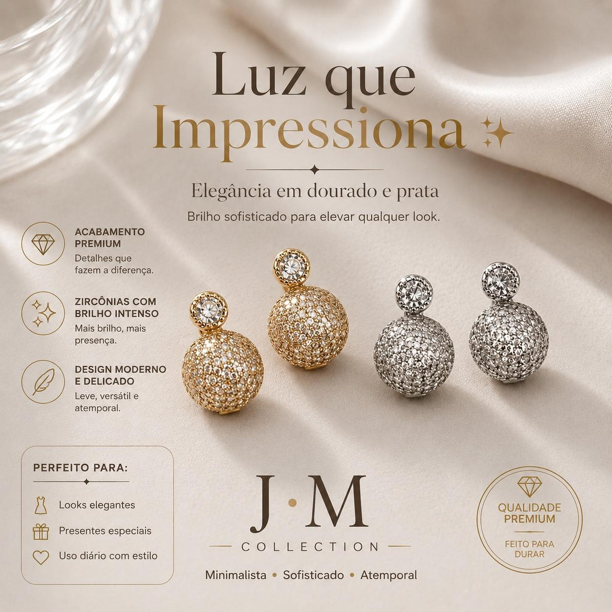 Collection Brinco Dupla Esfera em Zircônia Luxo com Brilho Contínuo e Design Moderno para Ocasiões Especiais