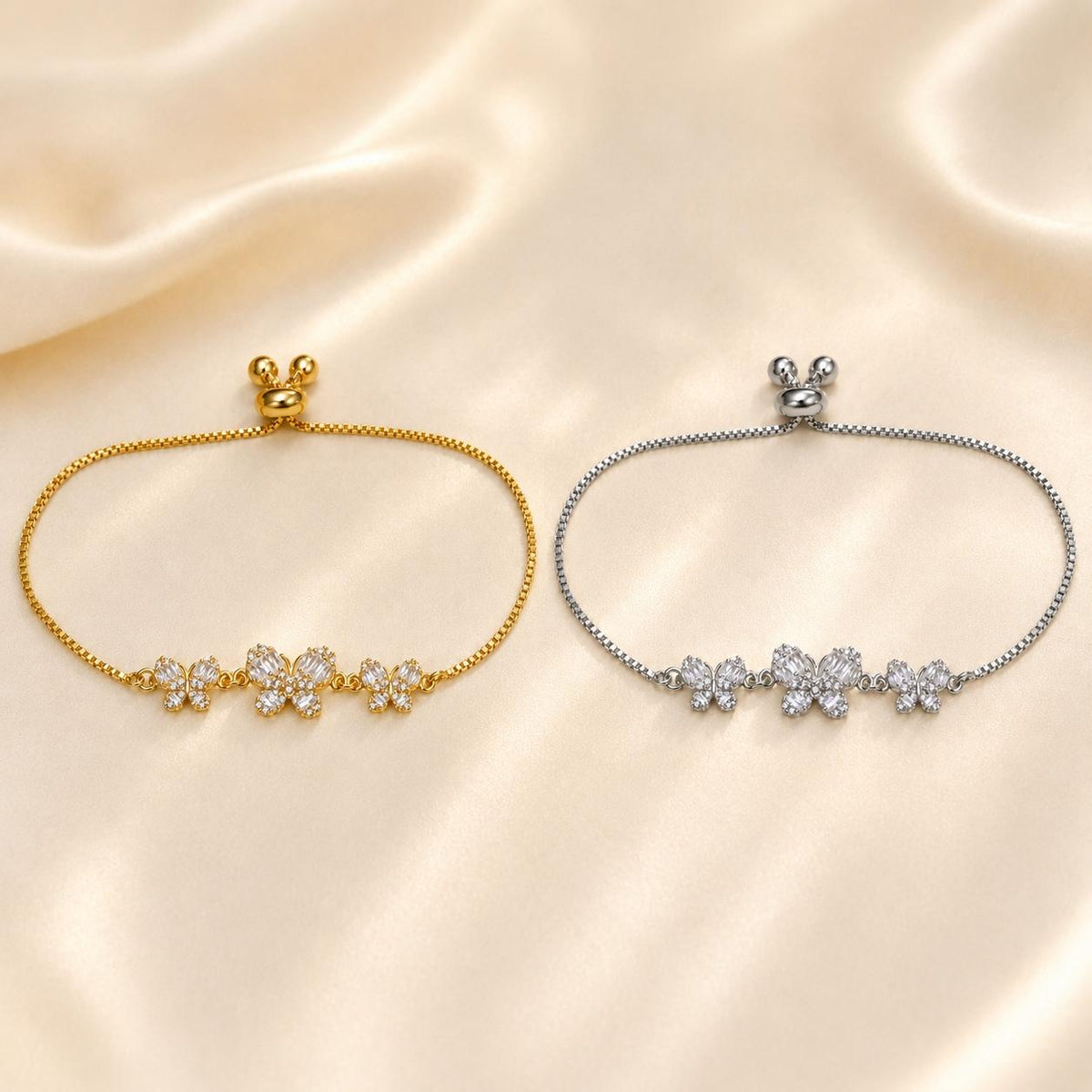 Pulseira Ajustável com Três Borboletas Zircônias Brilhantes | Pulseira Feminina Dourada e Prateada Acessório Delicado Luxuoso para Presente