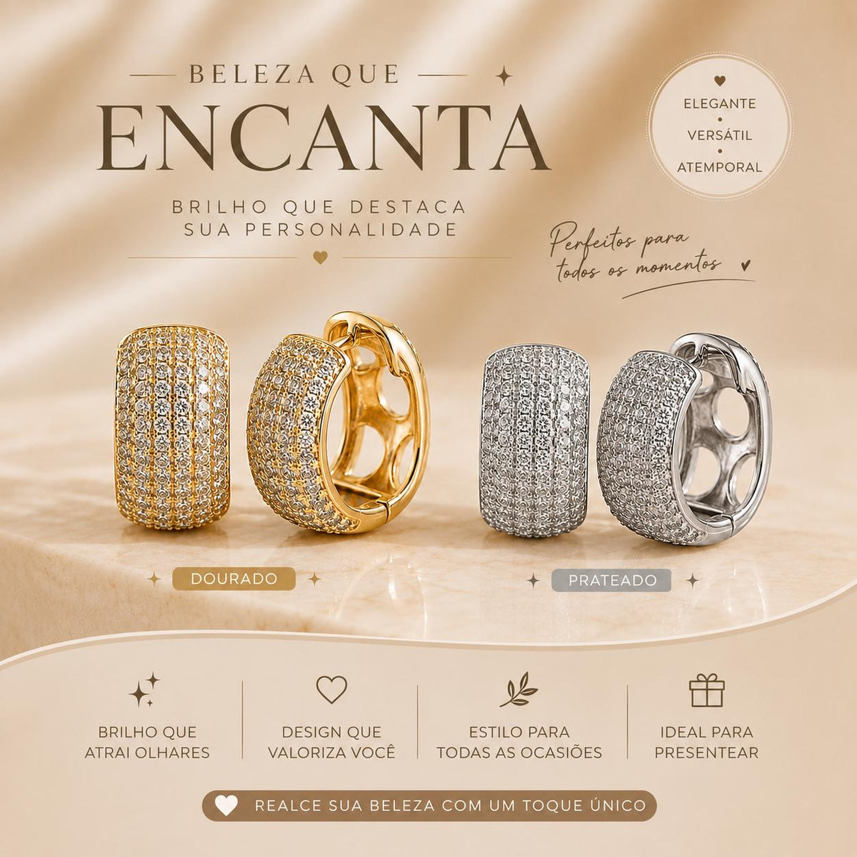 Brinco Argola Largo Pavê Zircônia | Modelo Atemporal Elegante Dourado/Prateado