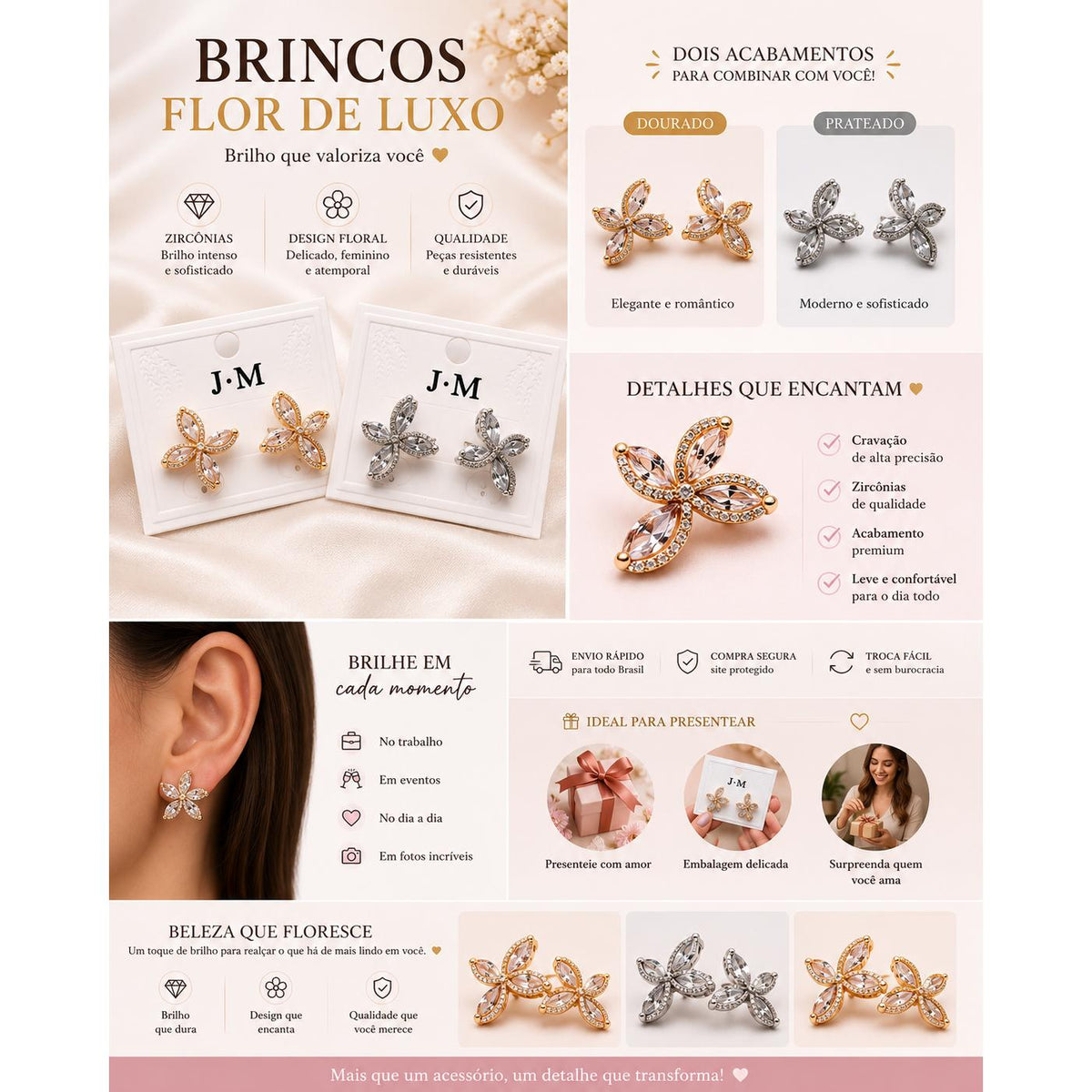 Brinco Trevo Floral com Zircônias