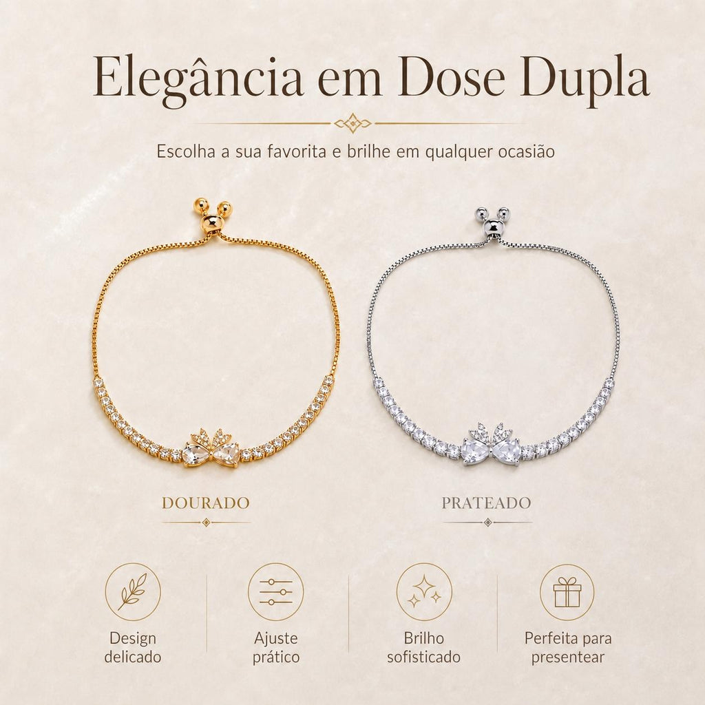 Pulseira Ajustável Laço com Dois Corações e Zircônias Brilhantes | Pulseira Feminina Dourada e Prateada Acessório Elegante para Presente