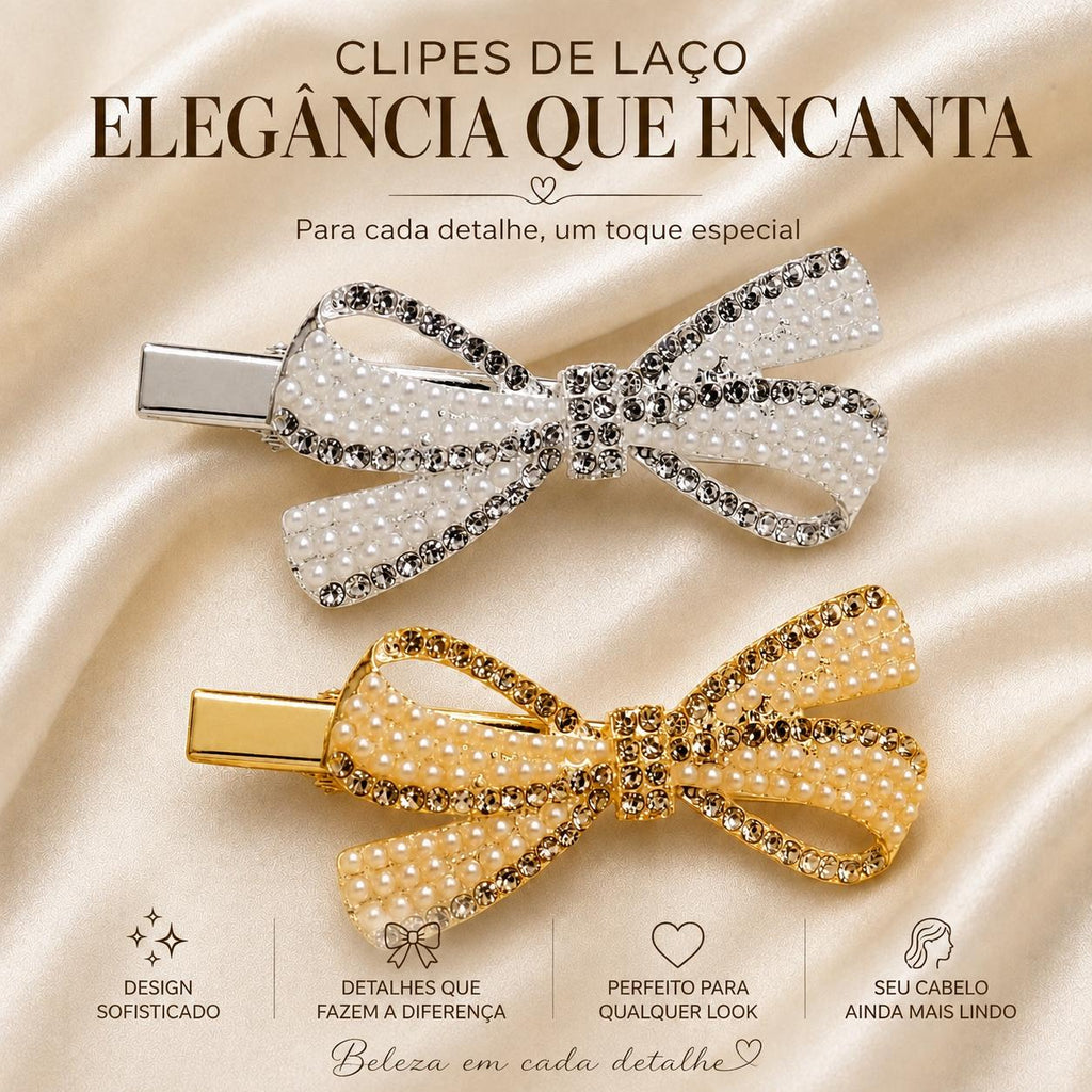 Clipe Laço Cheio de Pérolas com Borda de Zircônias Elegante | Clipe Dourado e Prateado para Cabelo Dia a Dia e Festas