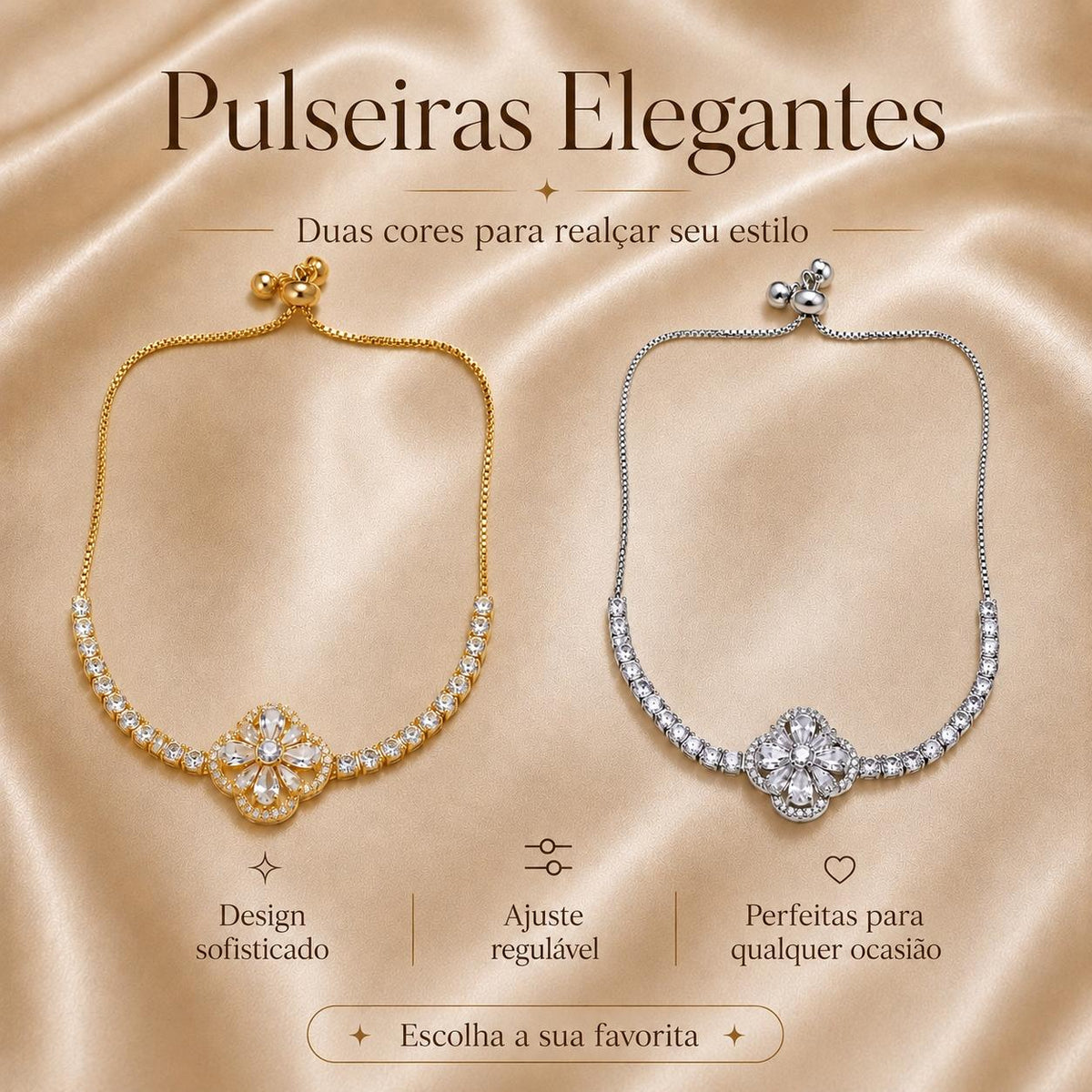 Pulseira Ajustável Trevo de Quatro Folhas com Zircônias Brilhantes | Pulseira Feminina Dourada e Prateada Acessório Sofisticado Presente para Mulher