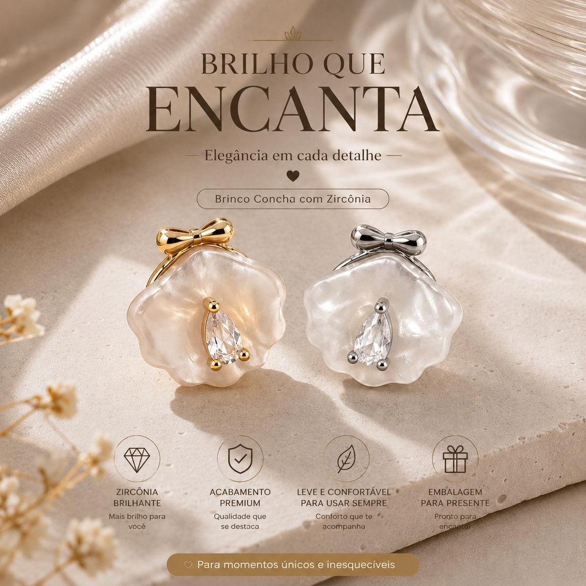 Brinco Concha com Laço e Zircônia