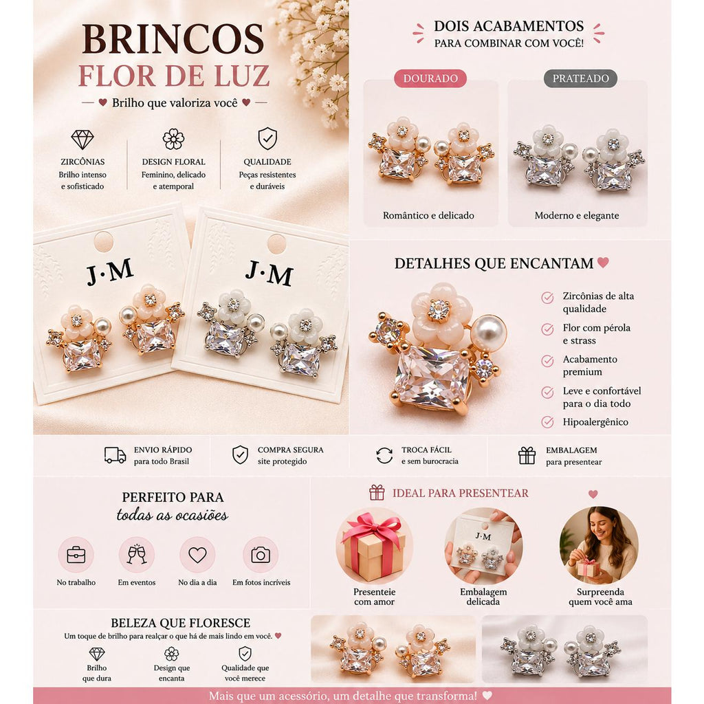Brinco Flor com Zircônia Quadrada e Pérola
