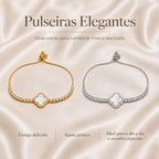 Pulseira Ajustável Trevo de Quatro Folhas com Madrepérola e Zircônias | Pulseira Feminina Dourada e Prateada Acessório Elegante para Presente