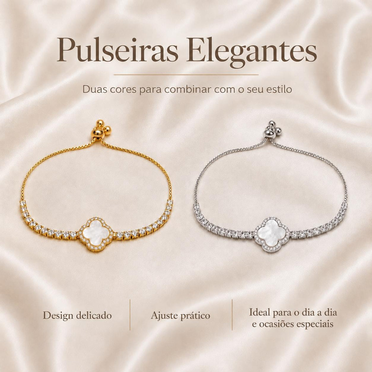 Pulseira Ajustável Trevo de Quatro Folhas com Madrepérola e Zircônias | Pulseira Feminina Dourada e Prateada Acessório Elegante para Presente