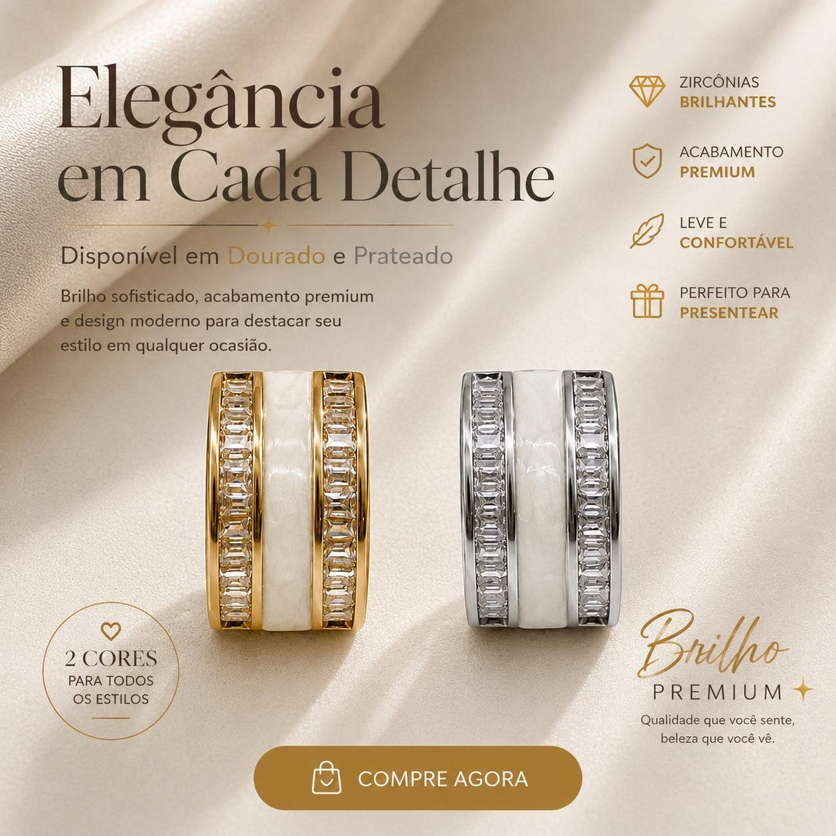Brinco Argola Meia Lua com Esmalte e Zircônias Baguete