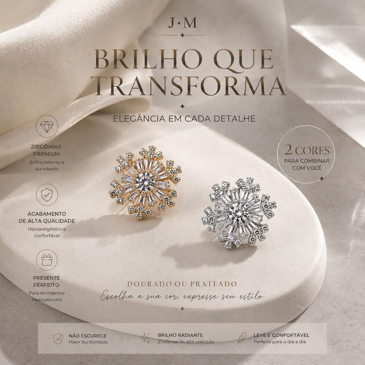 J&M Brinco Flor de Neve com Zircônias Redondas e Corte Baguete para Mulheres que Buscam Charme e Personalidade
