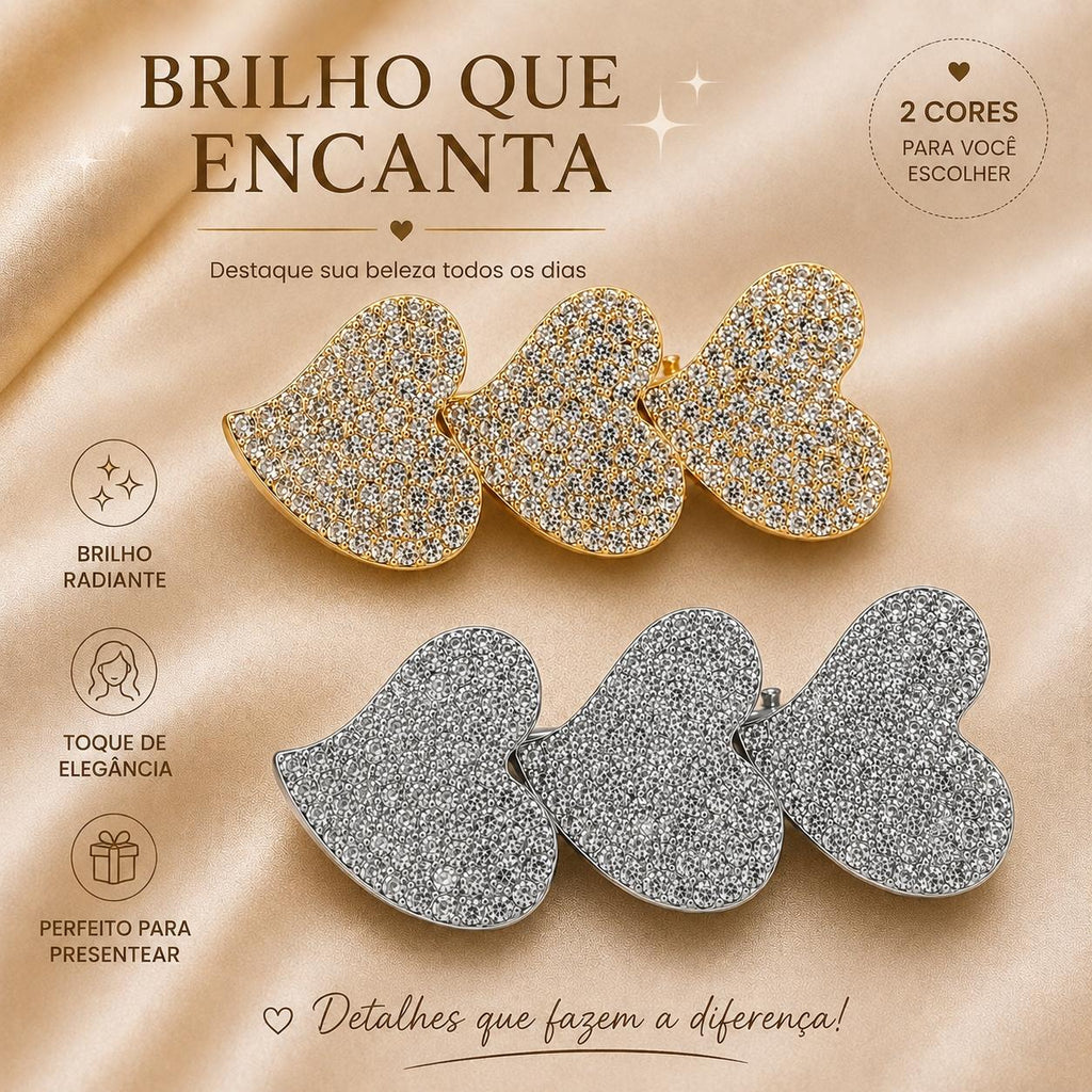 Presilha Três Corações Cheia de Zircônias | Grampo Elegante Dourado e Prateado para Cabelo Uso Diário e Festas