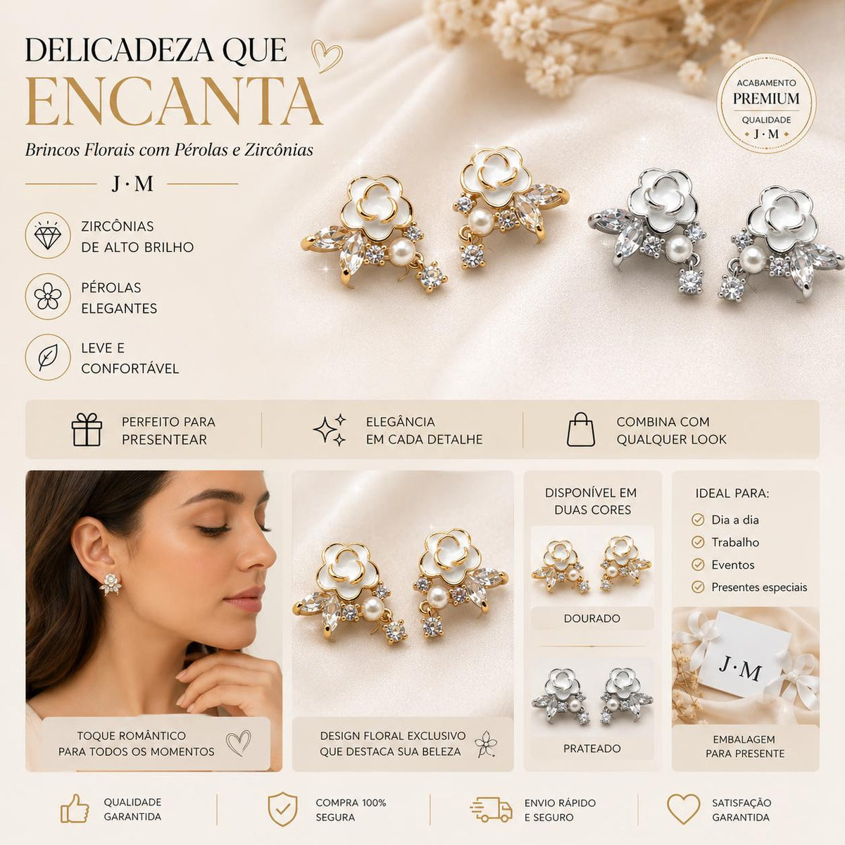 Brinco Camélia com Pérola e Zircônias