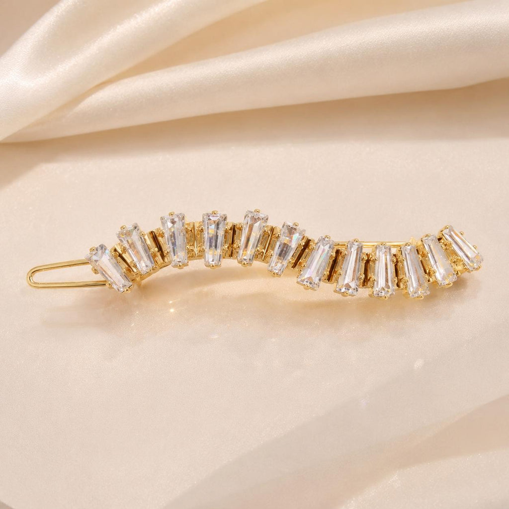 Presilha de Cabelo Curva com Zircônias Retangulares | Grampo Elegante Dourado e Prateado para Dia a Dia e Festas