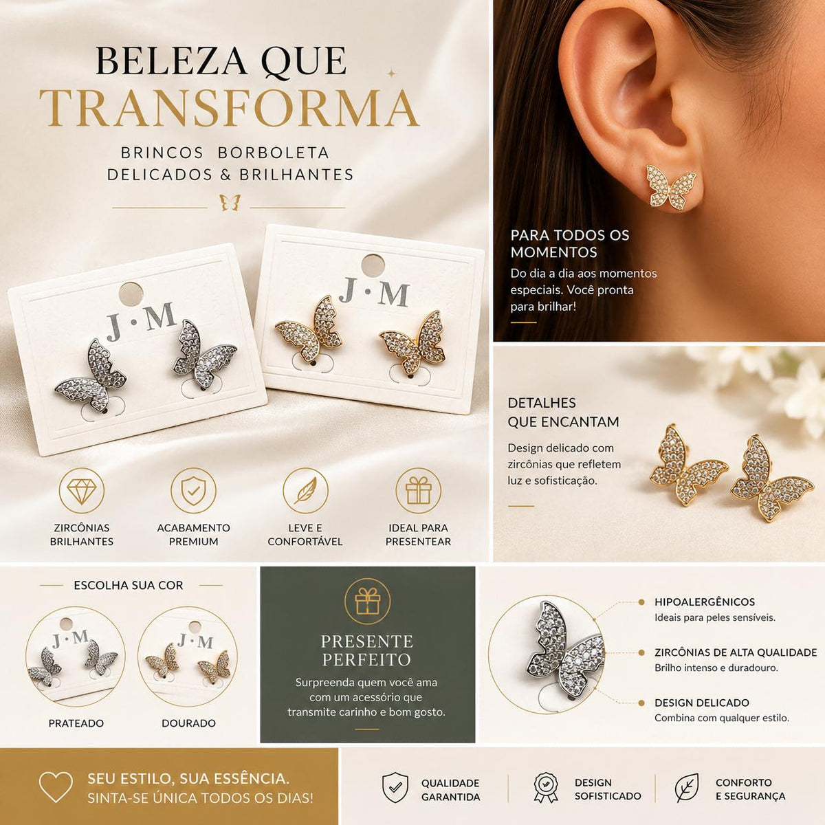 Brinco Borboleta em Zircônia Luxo - Elegância Feminina com Zircônias Brilhantes e Design Leve e Romântico para Mulheres