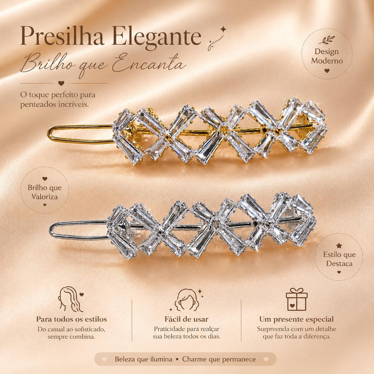 Presilha de Cabelo Cruzada com Zircônias Retangulares | Grampo Moderno Elegante Dourado e Prateado Para Todos Penteados