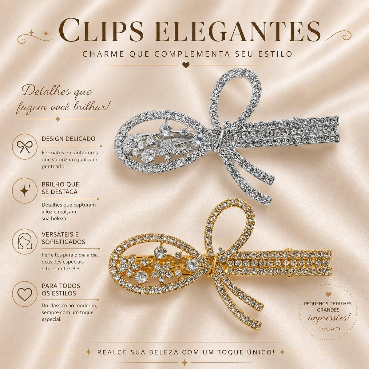 Presilha Laço Oval Vazado com Zircônias Brilhantes Elegante | Grampo Dourado e Prateado Acessório Feminino para Cabelo Dia a Dia e Festas